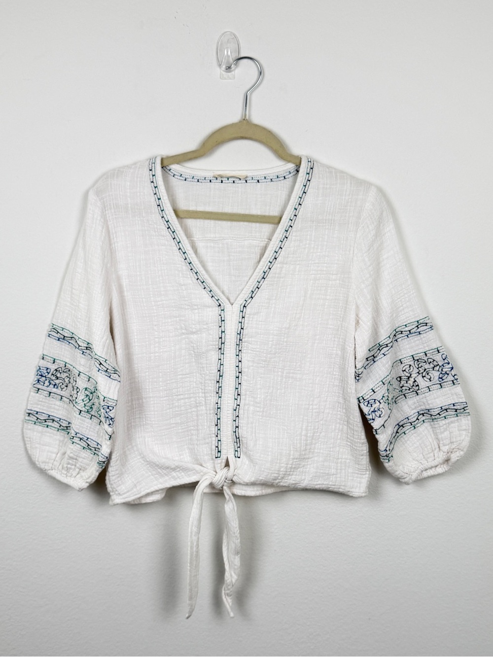 lovestitch White Tie-Front V-Neck Top with Blue-Green Embroidery 100% cotton